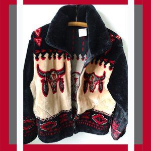 Sherpa Fleece Tribal Jacket Native American Faux Mouton Fur Zip Vintage Fleece
